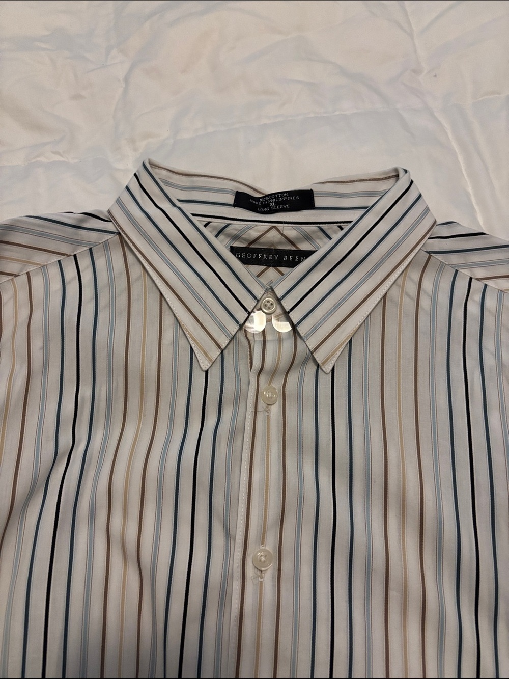 Geoffrey Beene White Dress Shirt with Blue & Brown Stripes